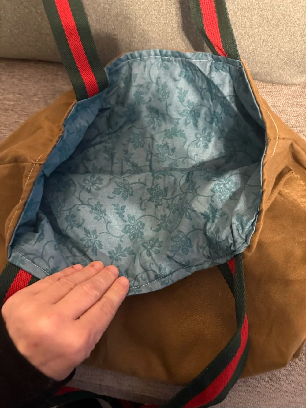 Recycled Gucci Tan Canvas Tote with Green & Red Webbing Straps and blue interior
